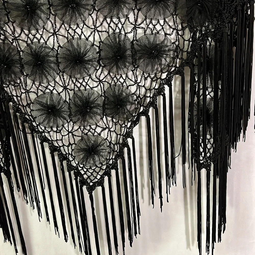 Black Crochet Beaded Floral Fringe Shawl - Picture 13 of 15